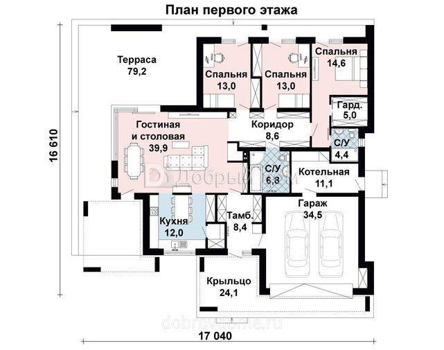 Проект одноэтажного дома AS-2652 из газоблоков с гаражом и гардеробной 1 этаж